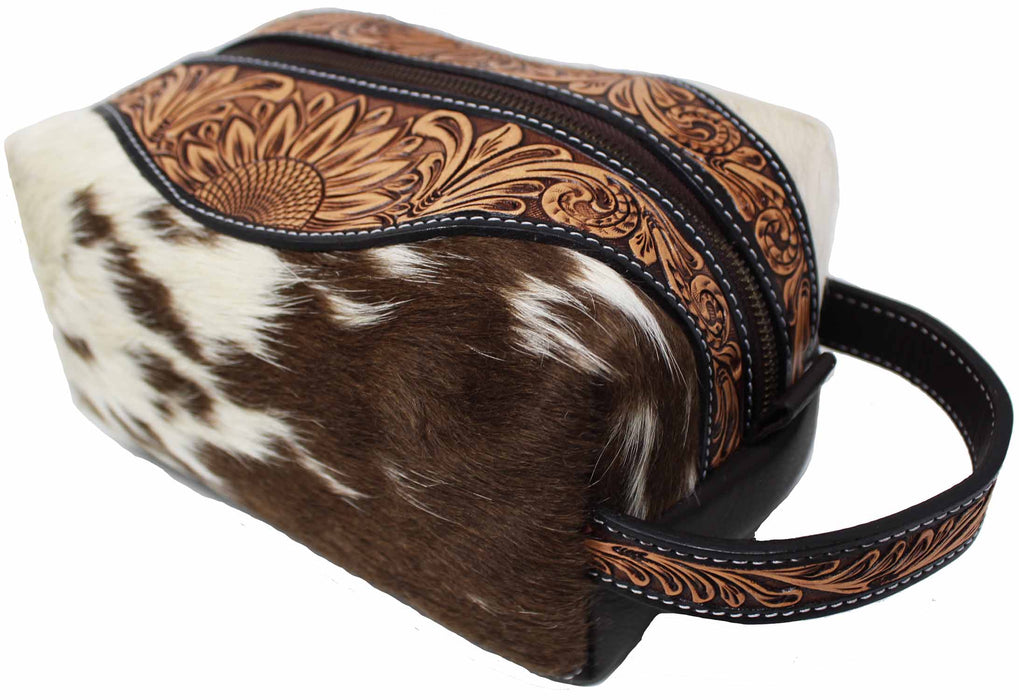 Men's Western Rodeo Fashion Sunflower Hand-Tooled Genuine Leather Cowhide Travel Toiletry Dopp Kit Bag 18FK0102