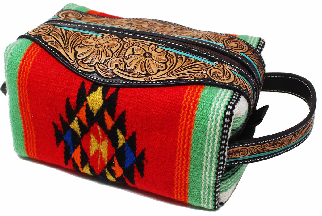 Men's Western Rodeo Fashion Sunflower Hand-Tooled Genuine Leather Cowhide Travel Toiletry Dopp Kit Bag 18FK0102