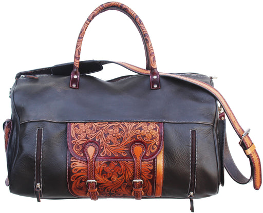 Western Floral Tooled Pebbled Black Leather Travel Weekender Duffle Bag 18FK03