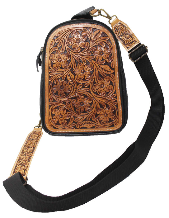 Women's Western Floral Tooled Cowhide Leather Adjustable Crossbody Sling Bag Purse 18FKB