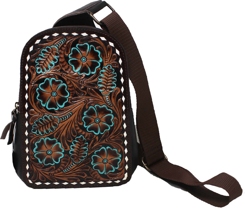 Women's Western Floral Tooled Black Pebbled Leather Crossbody Sling Bag 18FKB02