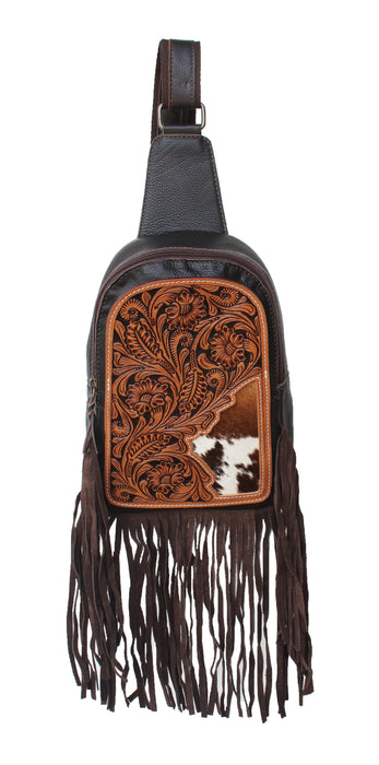 Women's Western Floral Tooled Cowhide Leather Adjustable Crossbody Sling Bag Purse 18FKB