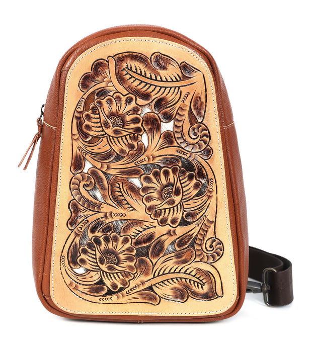 Women's Western Cowhide Filigree Floral Tooled Pebbled Leather Crossbody Sling Bag 18FKB07