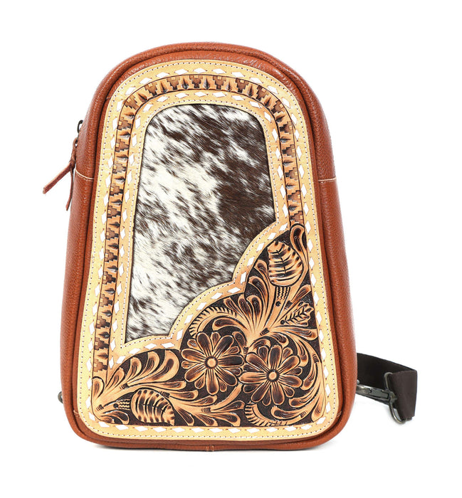 Women's Western Cowhide Floral Tooled Pebbled Leather Crossbody Sling Bag 18FKB08