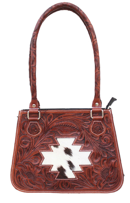 Western Cowhide Inlay Floral Tooled Genuine Leather Purse Shoulder Handbag 18FKH01