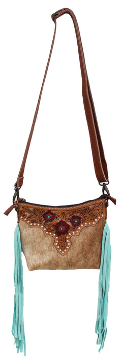 Western Cowhide Floral Tooled Filigree Studded Leather Purse Shoulder Crossbody Bag w/ Fringe 18FKH04