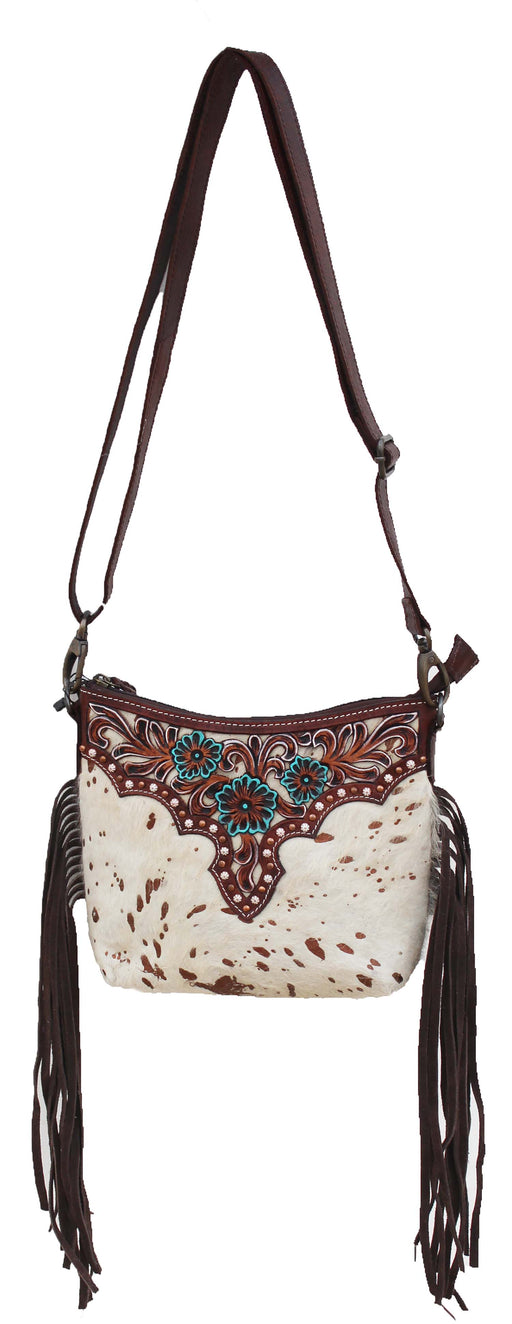 Western Cowhide Floral Tooled Filigree Studded Leather Purse Shoulder Crossbody Bag w/ Fringe 18FKH05