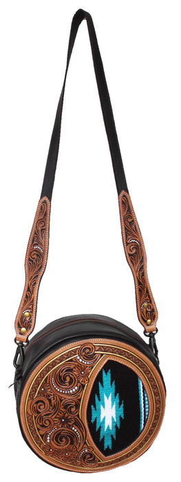 Women's Western Floral Tooled Leather Woven Canteen Shoulder Crossbody Bag Purse 18FKH16