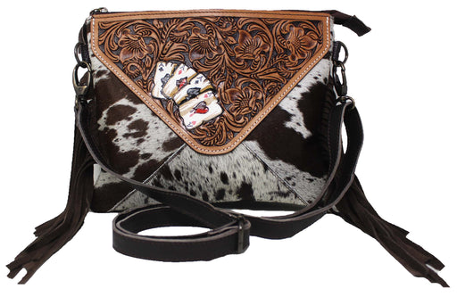 Western Cowhide Poker Card Aces Floral Tooled Leather Purse Shoulder Crossbody Bag w/ Fringe