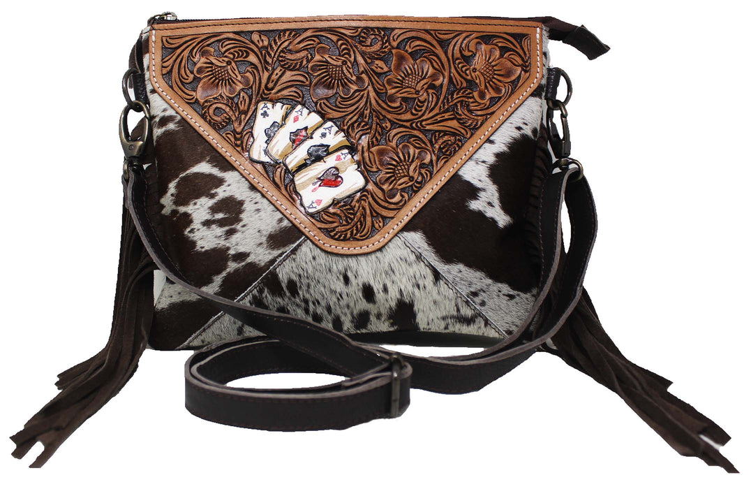 Western Cowhide Poker Card Aces Floral Tooled Leather Purse Shoulder Crossbody Bag w/ Fringe