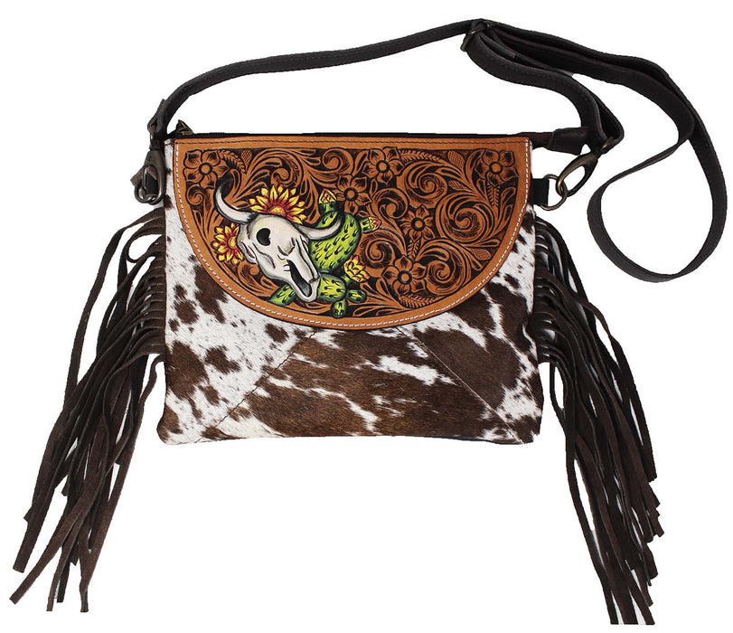 Western Cowhide Poker Card Aces Floral Tooled Leather Purse Shoulder Crossbody Bag w/ Fringe