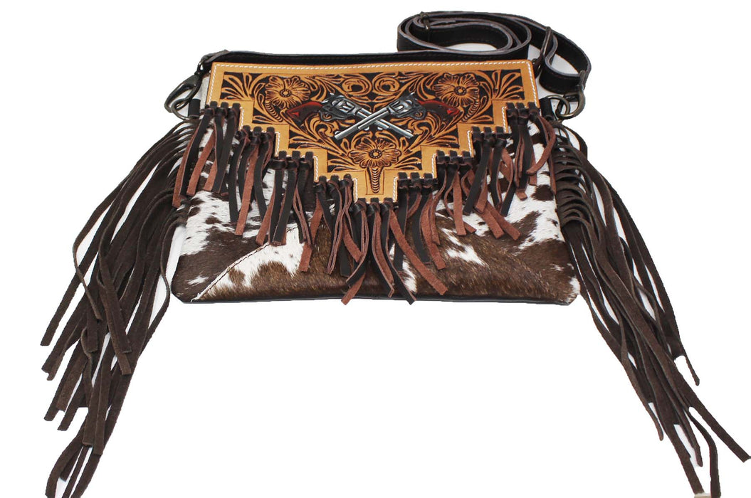Western Cowhide Poker Card Aces Floral Tooled Leather Purse Shoulder Crossbody Bag w/ Fringe