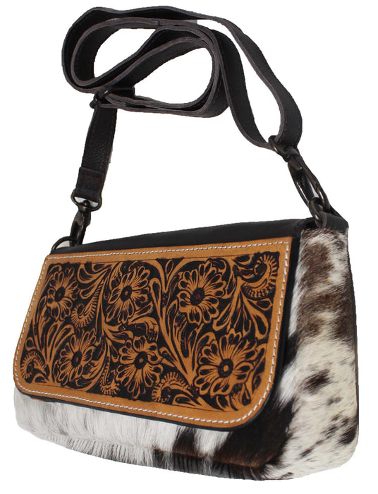 Western Cowhide Poker Card Aces Floral Tooled Leather Purse Shoulder Crossbody Bag w/ Fringe