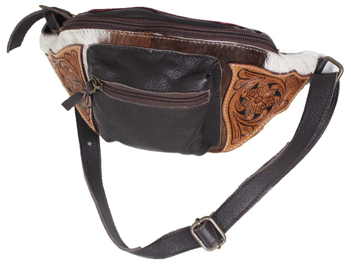 Western Cowhide Floral Tooled Leather Waist Travel Fanny Pack Sling Belt Bag 18FKH23