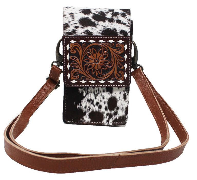 Western Cowhide Antique Floral Tooled Buckstitch Leather Crossbody Phone Bag Pouch 18FKH24