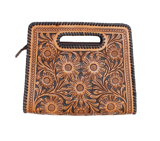 Women's Floral Filigree Black Inlay Tooled Leather Purse Shoulder Handbag 18FKH25