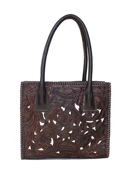 Women's Brown Floral Filigree White Inlay Leather Purse Shoulder Handbag 18FKH30
