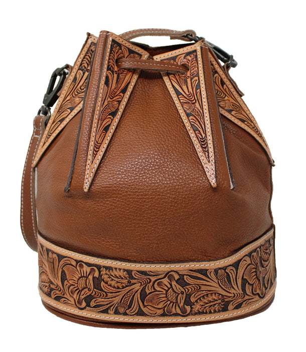 Women's Western Turquoise Pebbled Leather Floral Tooled Drawstring Bucket Bag Purse 18FKH32