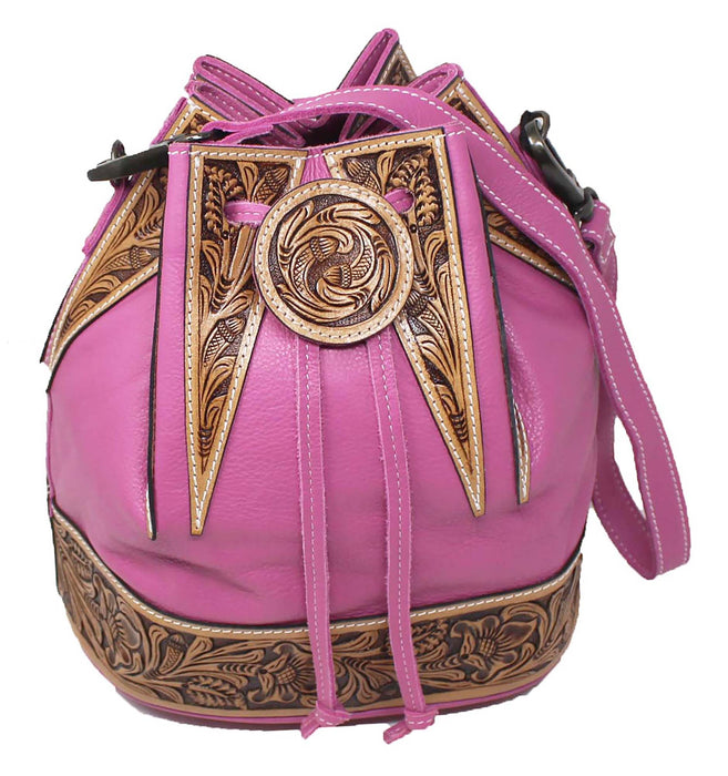 Women's Western Turquoise Pebbled Leather Floral Tooled Drawstring Bucket Bag Purse 18FKH32