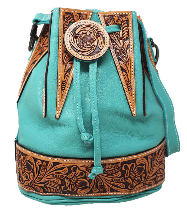 Women's Western Turquoise Pebbled Leather Floral Tooled Drawstring Bucket Bag Purse 18FKH32