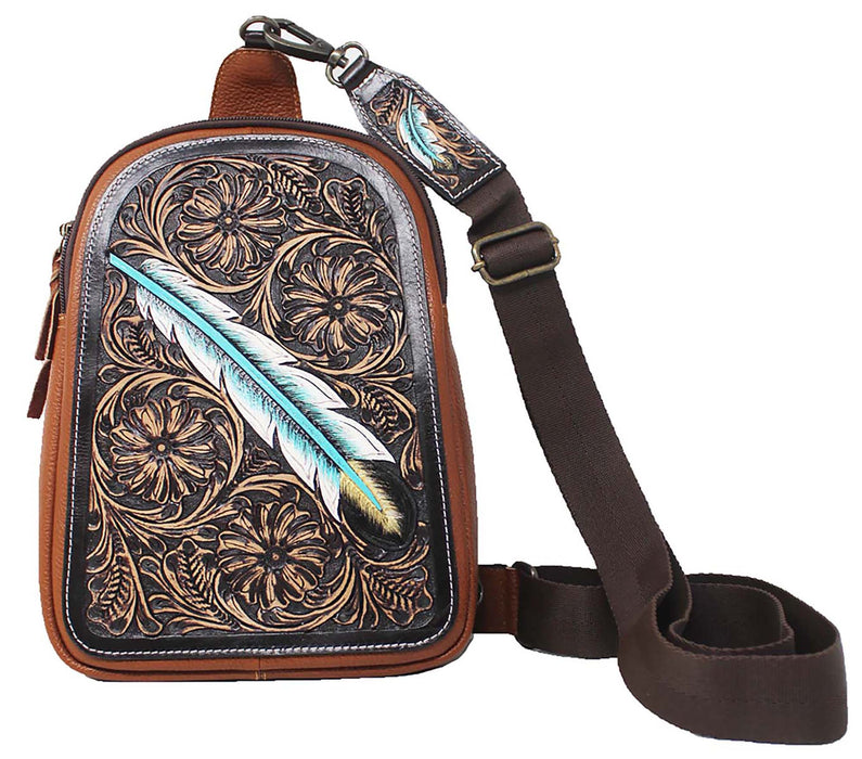 Women's Western Turquoise Feather Tooled Pebbled Leather Crossbody Sling Bag 18FKH35