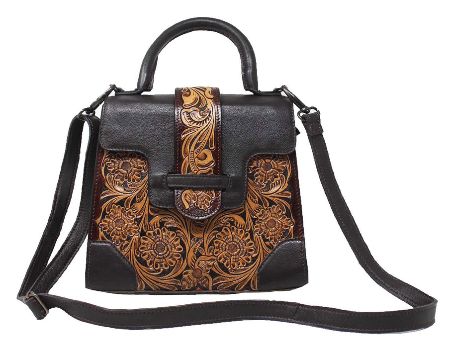 Women's Antique Floral Tooled Leather Small Tote Purse Handbag 18FKH36