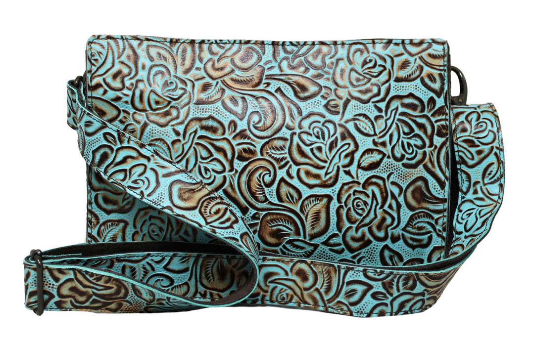 Women's Western Turquoise Patina Floral Tooled Leather Shoulder Purse Crossbody Bag 18FKH39