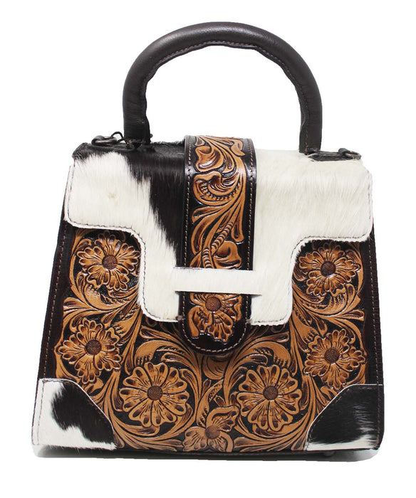 Women's Antique Floral Tooled Leather Cowhide Small Tote Purse Handbag 18FKH41