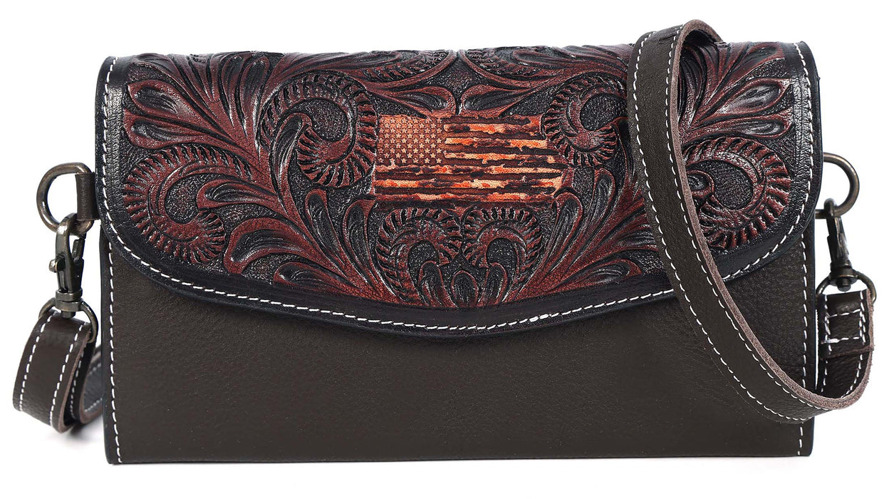 Women's Western Tooled Pebbled Leather Crossbody Wallet Clutch