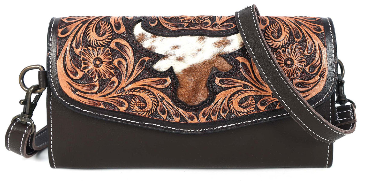 Women's Western Tooled Pebbled Leather Crossbody Wallet Clutch