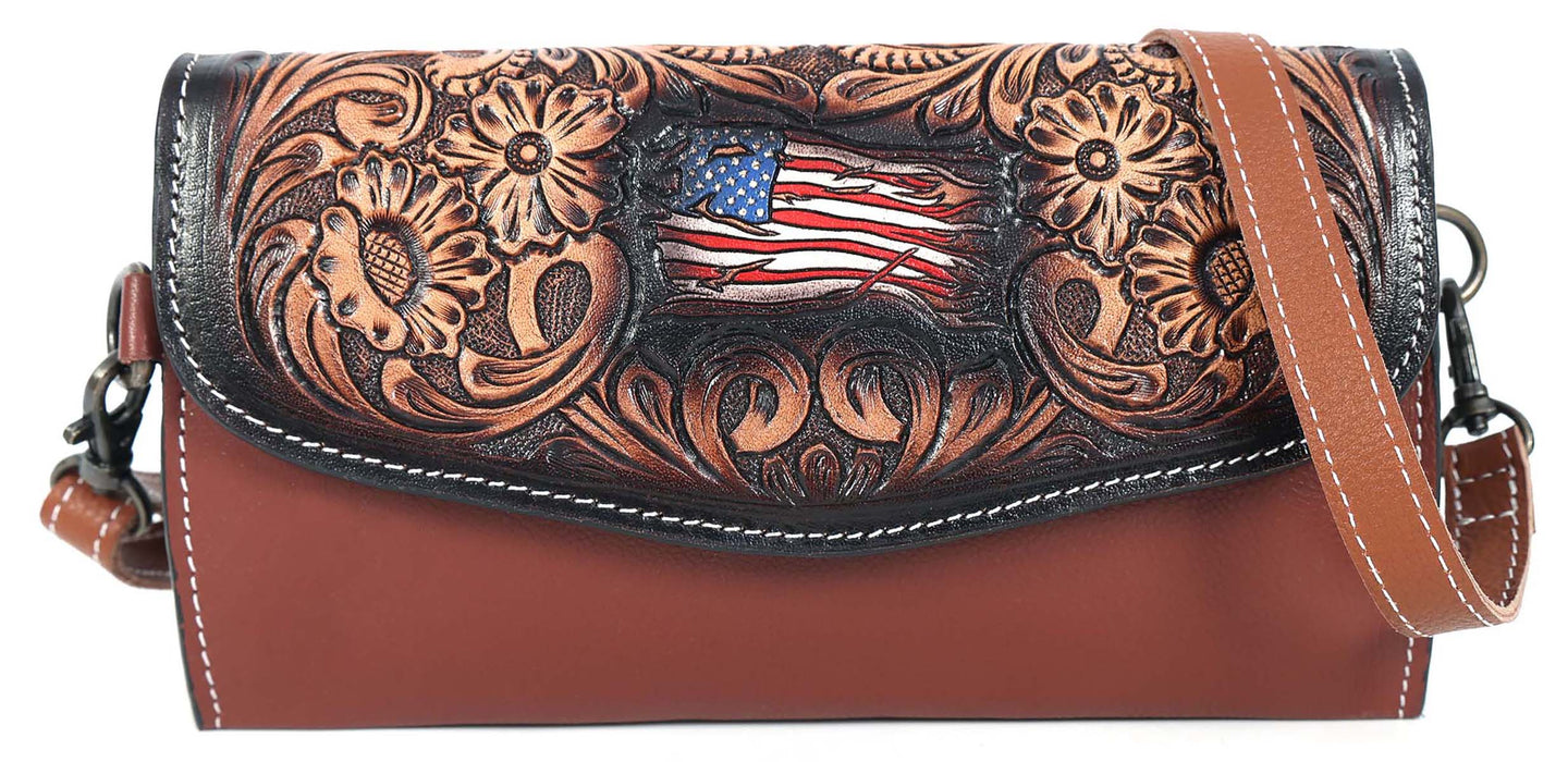 Women's Western Tooled Pebbled Leather Crossbody Wallet Clutch
