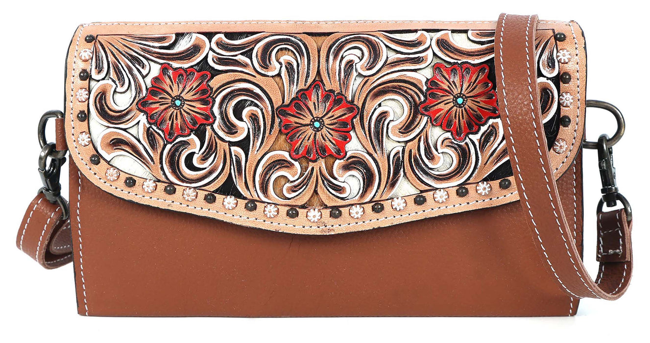 Women's Western Tooled Pebbled Leather Crossbody Wallet Clutch