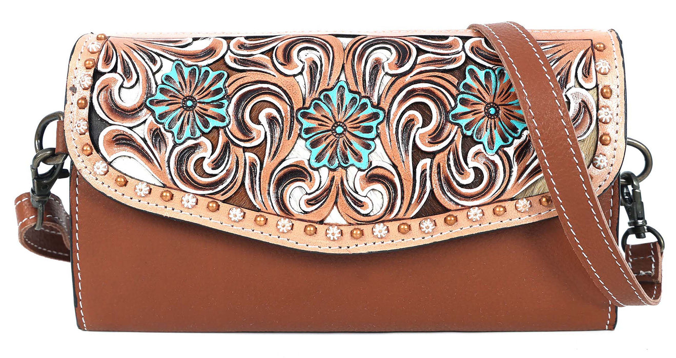 Women's Western Tooled Pebbled Leather Crossbody Wallet Clutch
