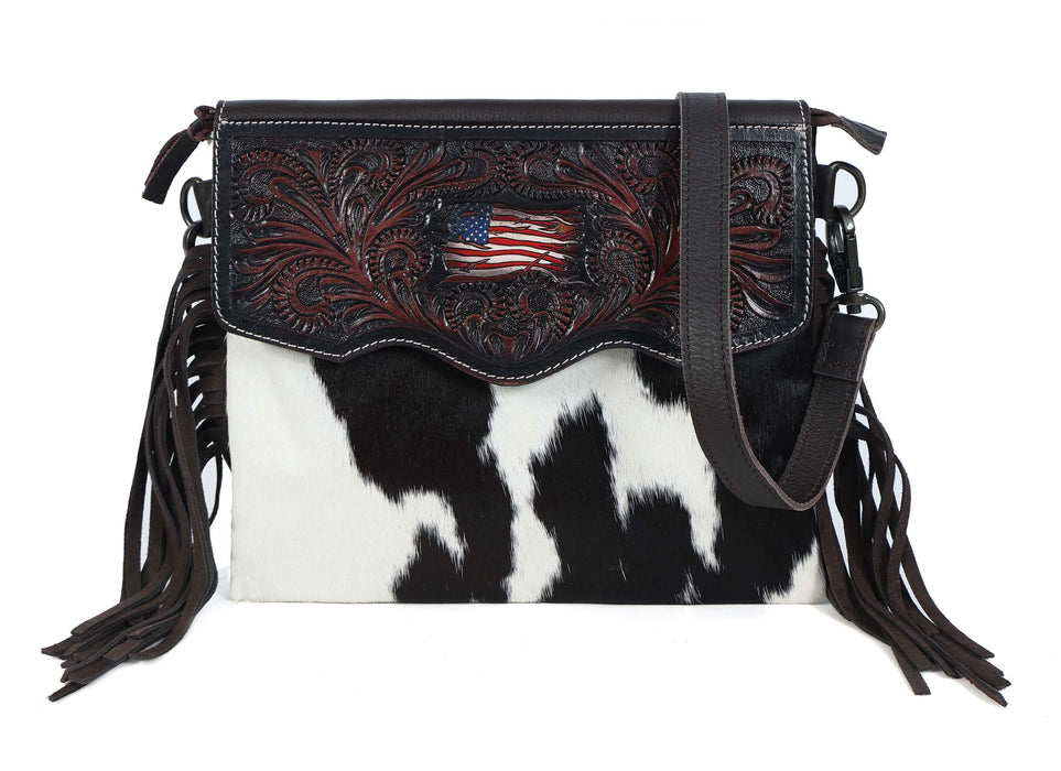Western Cowhide Patriotic Distressed Flag Tooled Leather Purse Shoulder Crossbody Bag 18FKH55