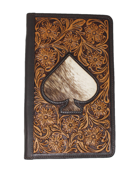 Women's Western Antique Floral Tooled Poker Spade Cowhide Leather Travel Jewelry Case 18FKJ04