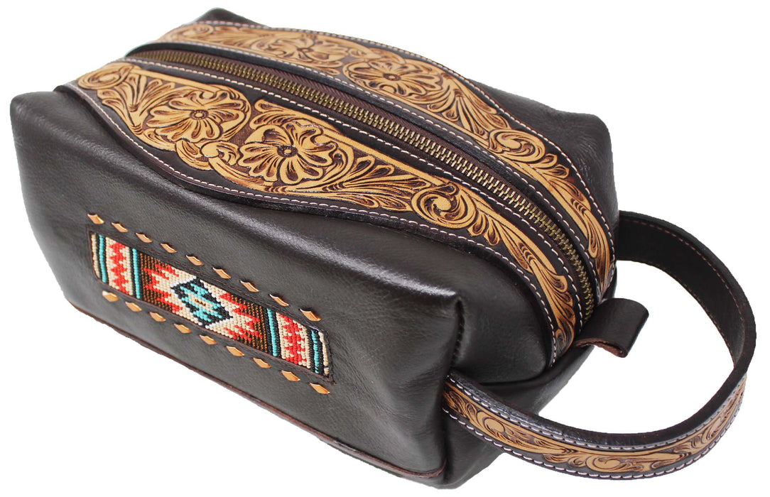 Men Women Western Wool Floral Tooled Leather Travel Toiletry Dopp Kit Bag 18FKTDopp
