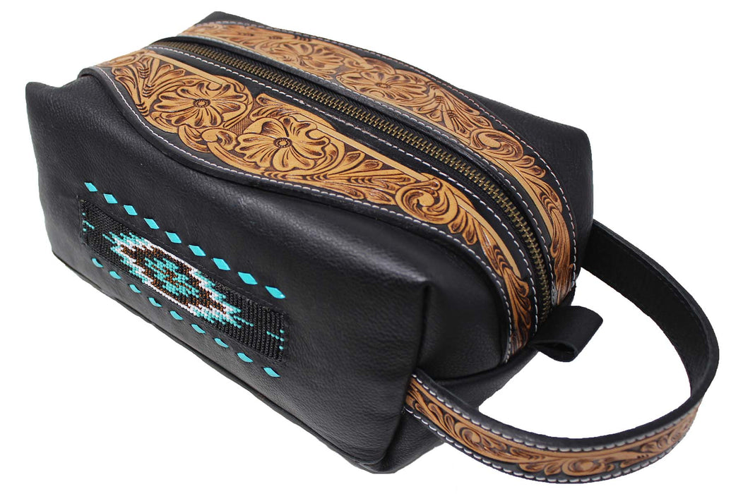 Men Women Western Wool Floral Tooled Leather Travel Toiletry Dopp Kit Bag 18FKTDopp
