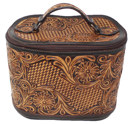 Women's Western Antique Floral Basket Cowhide Tooled Leather Cosmetic Travel Train Bag 18Train