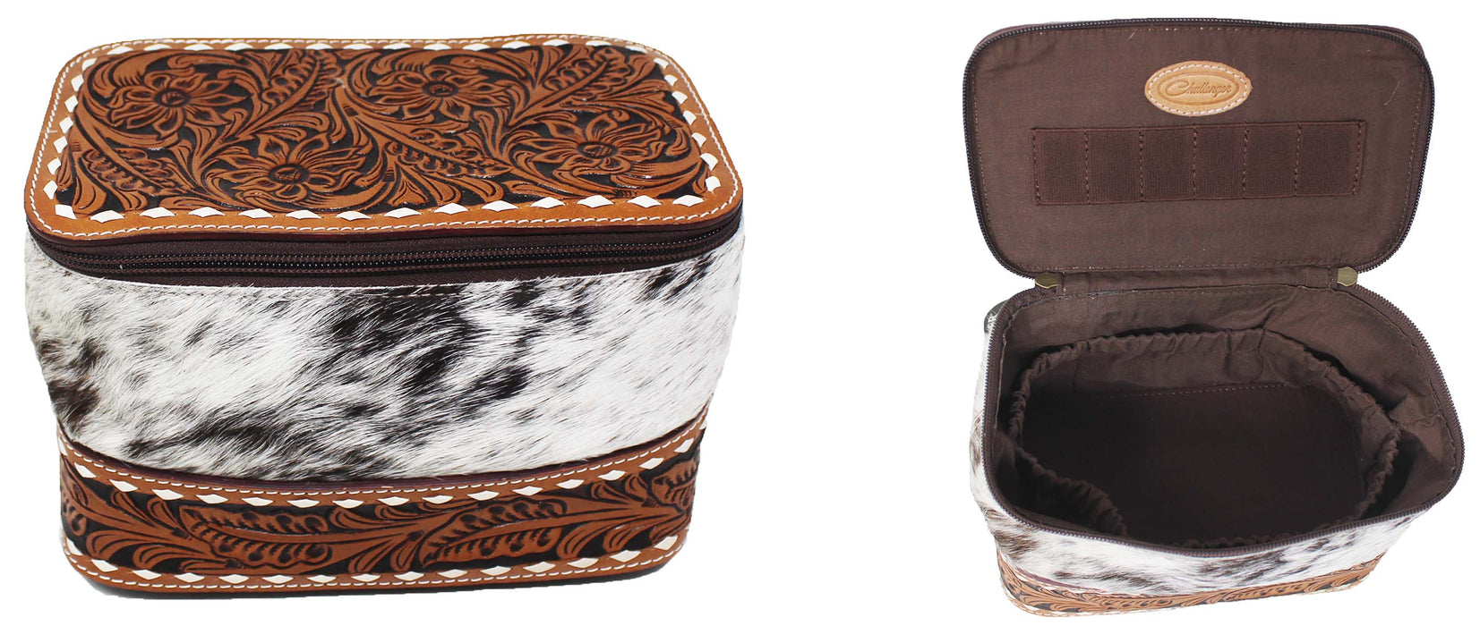 Women's Western Antique Floral Basket Cowhide Tooled Leather Cosmetic Travel Train Bag 18Train