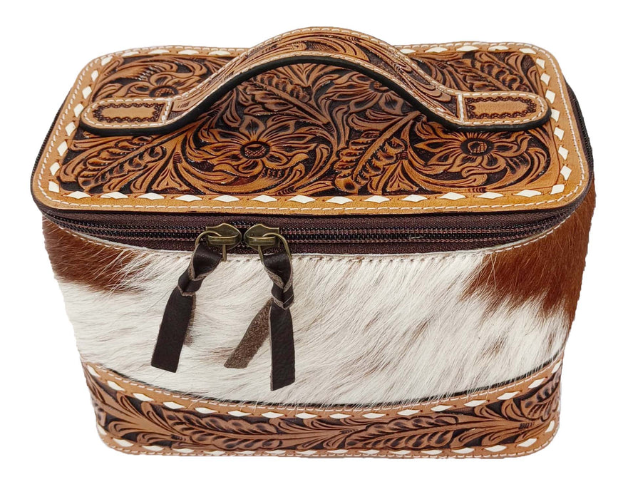 Women's Western Antique Floral Basket Cowhide Tooled Leather Cosmetic Travel Train Bag 18Train