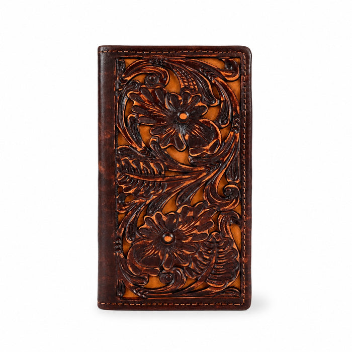 Challenger Rodeo Leather Wallet Embossed Floral Design Tall Profile Spacious Organizer Brown 18FKW100R