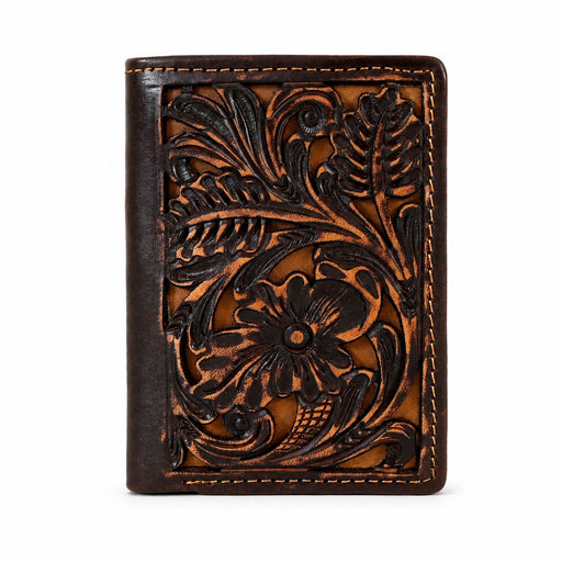 Challenger Trifold Leather Wallet Embossed Floral Design Compact Secure Fold Brown 18FKW100T