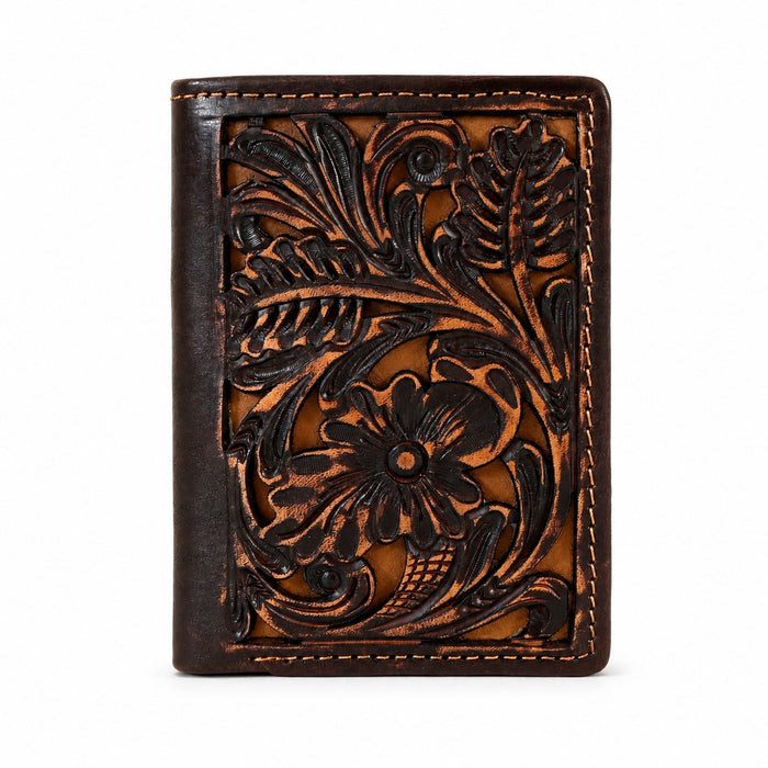 Challenger Trifold Leather Wallet Embossed Floral Design Compact Secure Fold Brown 18FKW100T