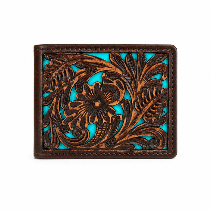 Challenger Men’s Bifold Leather Wallet Handcrafted Floral Embossed Slim Compact Turquoise Brown 18FKW102B