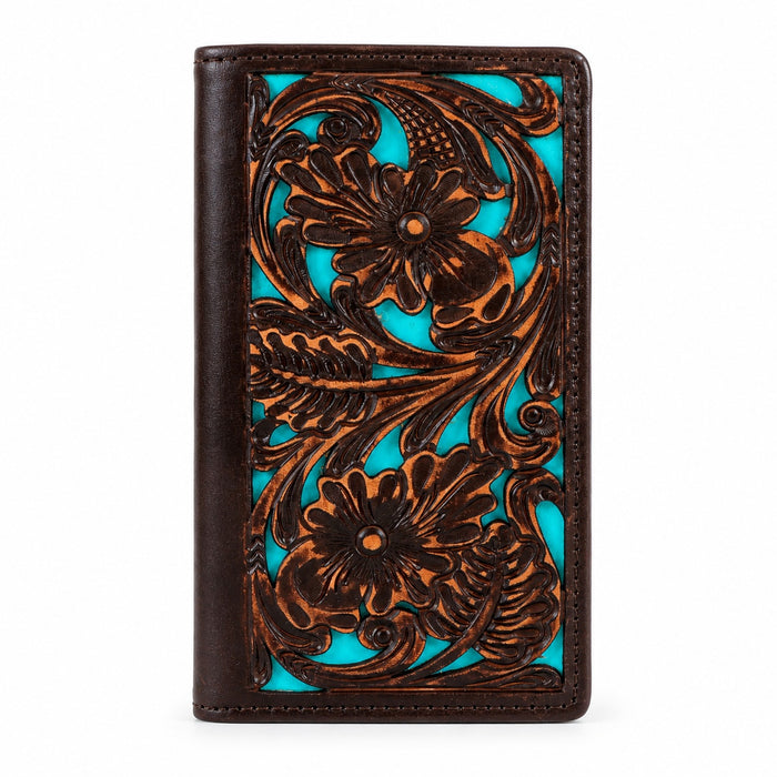 Challenger Men’s Rodeo Leather Wallet Handcrafted Floral Embossed Long Bifold Turquoise Brown 18FKW102R
