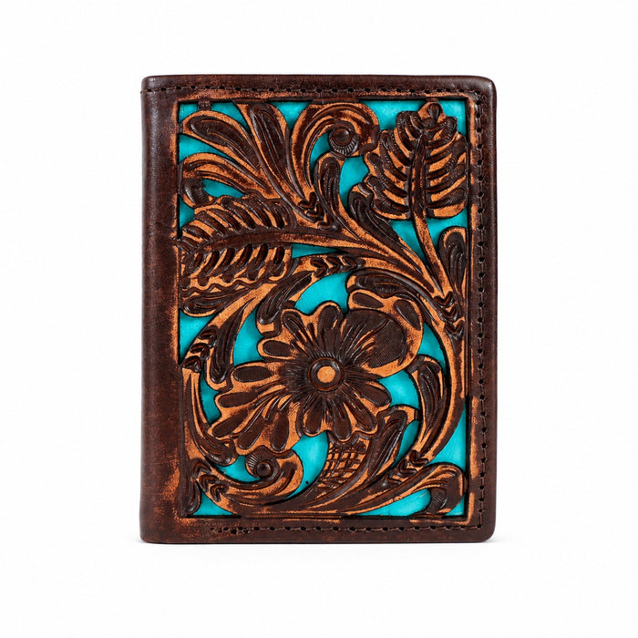 Challenger Men’s Trifold Leather Wallet Handcrafted Floral Embossed Compact Secure Turquoise Brown 18FKW102T
