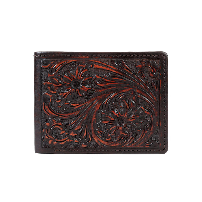 Challenger Bifold Leather Wallet Floral Embossed Handcrafted Slim Compact Brown 18FKW104B