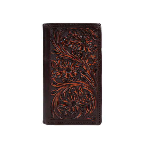 Challenger Rodeo Leather Wallet Floral Embossed Long Bifold Checkbook Style Brown 18FKW104R
