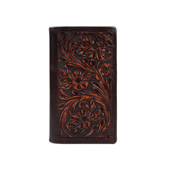Challenger Rodeo Leather Wallet Floral Embossed Long Bifold Checkbook Style Brown 18FKW104R