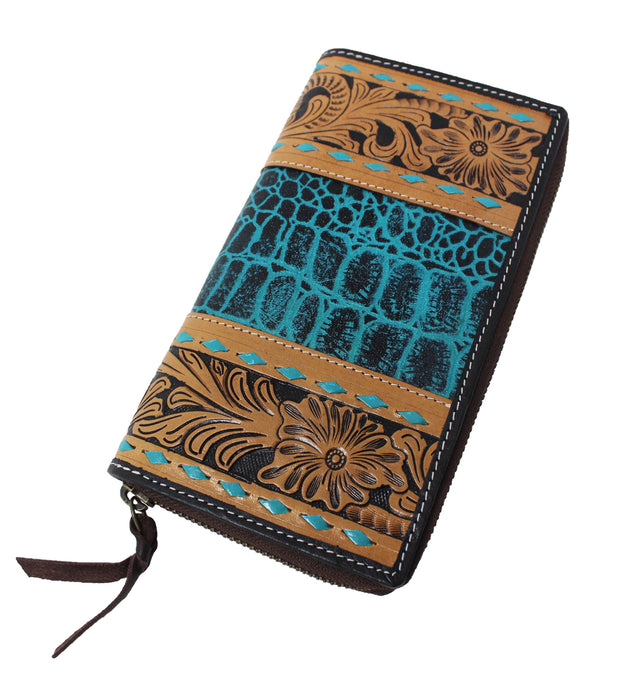 Women's Western Tooled Leather Zippered Wallet Clutch Christmas Gift 18FKClutchZipper